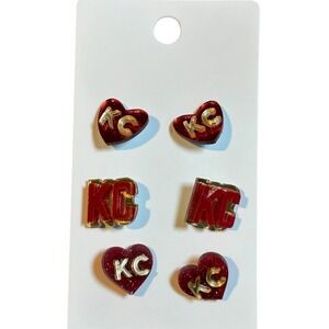 KC Kansas City Chiefs Earrings Stud Set Red Heart Letter Football‎ NWT